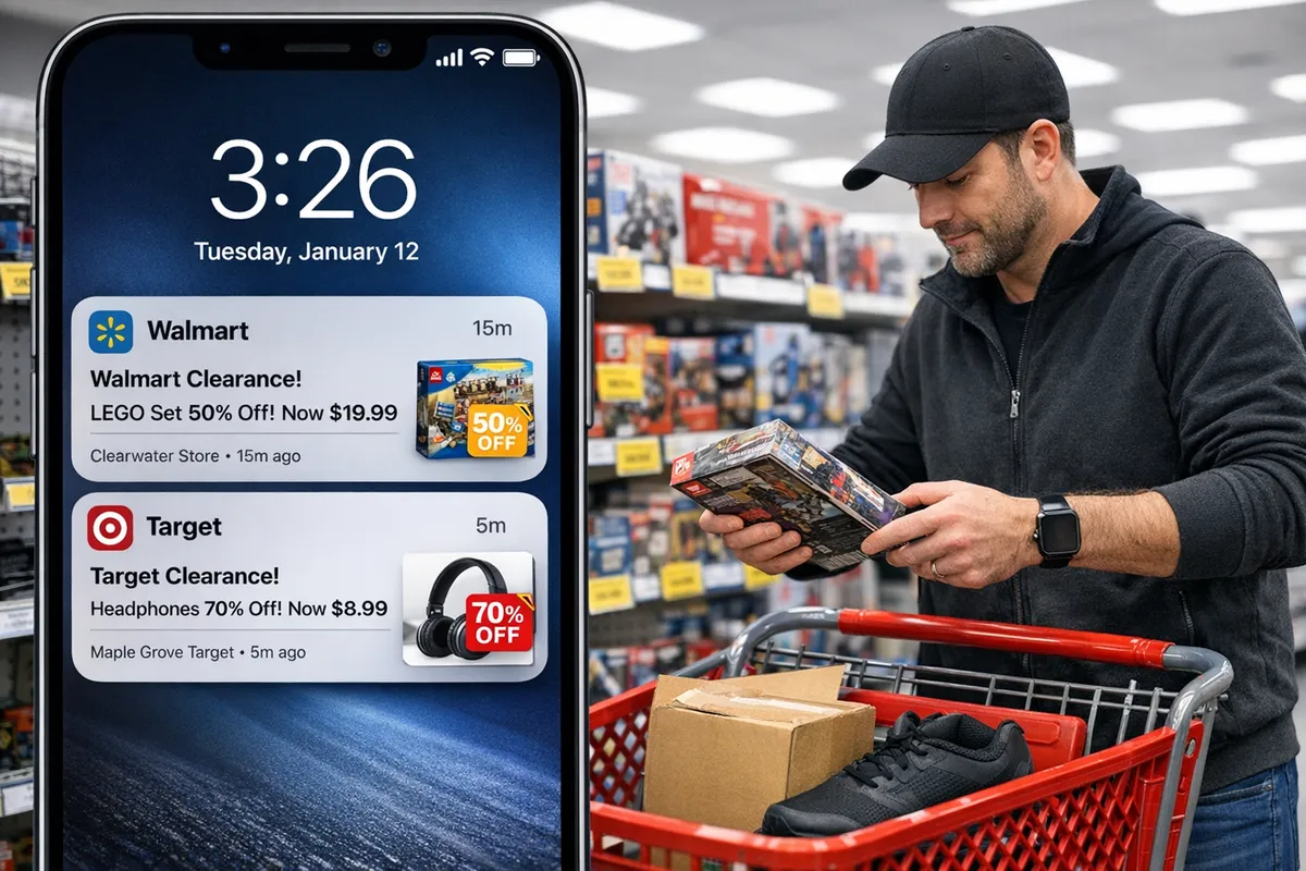 Smartphone lock screen showing Walmart and Target clearance push alerts with product thumbnails, markdown percentages, store locations, and timestamps; a reseller picks items off a shelf into a cart; dynamic, high-contrast mobile UI; don’t include title