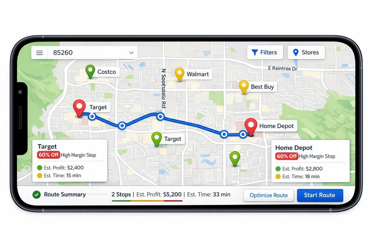 Map interface highlighting multiple big-box stores around a ZIP code, pins color-coded by discount depth, route line connecting two highest-margin stops, clean mobile-first UI; don’t include title