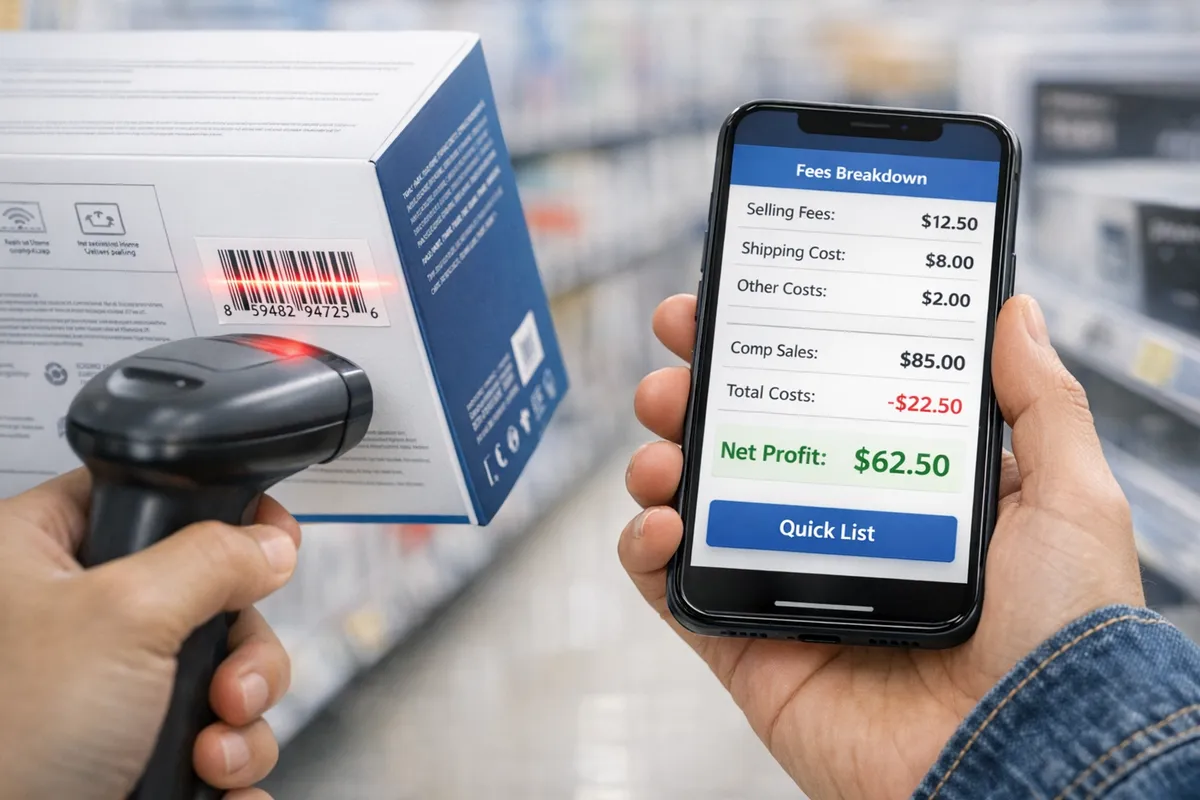 Close-up of a shopper scanning a barcode on a boxed electronic; phone screen shows fee breakdown, comps, and net profit in green; quick-list button visible; bright retail aisle; don’t include title