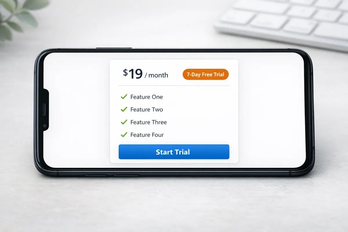 Pricing card mockup on a phone: Monthly plan with trial badge; list of included features; big “Start Trial” button; minimalistic design; don’t include title