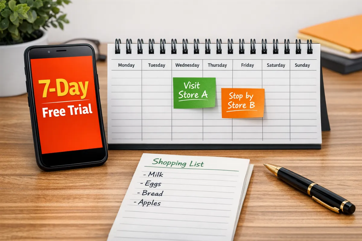 Phone displaying “7-day free trial” next to a simple weekly calendar with two planned store stops highlighted, pen and shopping list on a desk, realistic photo style