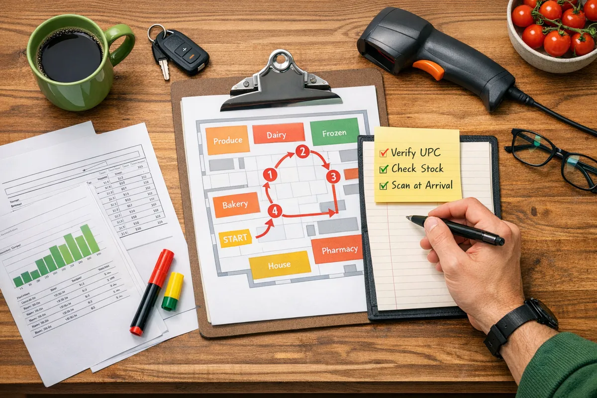 Procurement manager with a clipboard and phone creating a store route map, notes show “verify UPC,” “check stock,” “scan at arrival,” overhead view on a kitchen table, realistic photo style