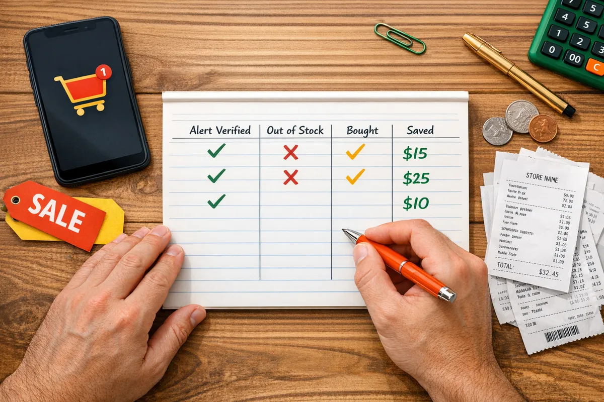 Deal hunter writing a simple trial scorecard on paper with columns “alert verified,” “out of stock,” “bought,” and “saved,” phone and receipts nearby, realistic overhead photo style