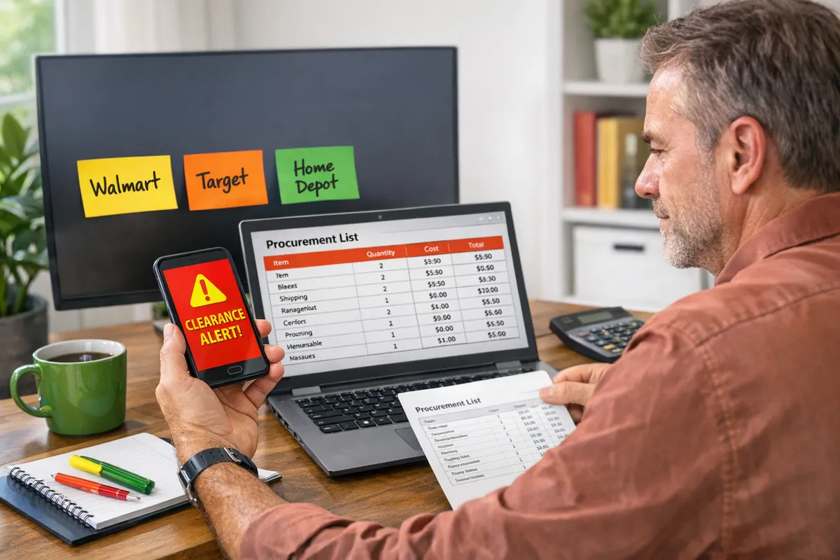 Frugal small business owner at a desk comparing a clearance alert on a phone with a procurement list on a laptop, sticky notes showing “Walmart, Target, Home Depot,” bright home office setting, realistic photo style
