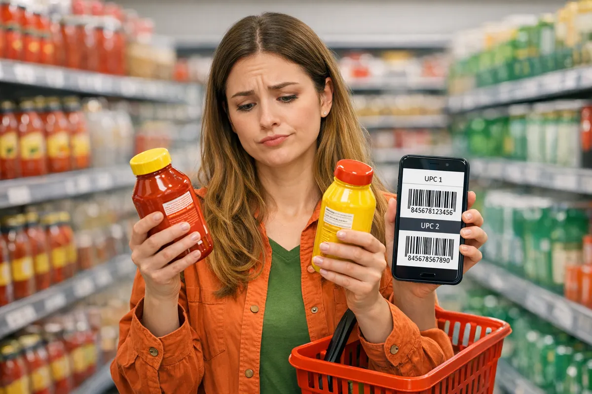 Beginner shopper looking uncertain in a store aisle while comparing two similar product variants, phone screen shows different UPCs, realistic photo style