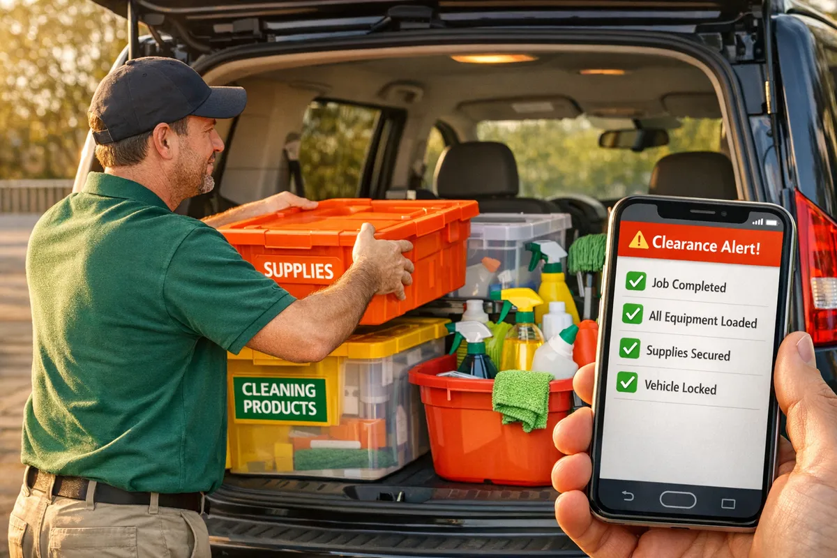 Small business owner loading labeled cleaning supplies and storage bins into a vehicle, phone screen shows a clearance alert checklist, late afternoon light, realistic photo style