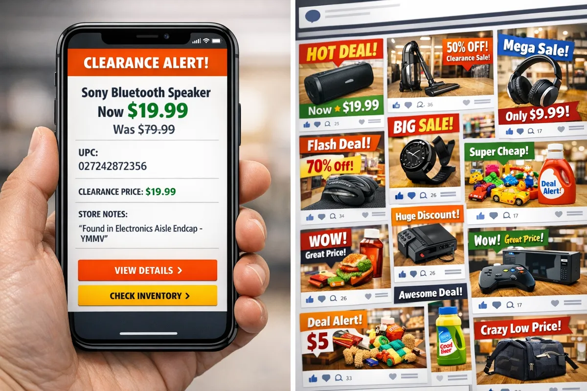 Split-screen style image of a phone showing a curated clearance alert with UPC and store notes on the left, and a noisy social feed with dozens of deal posts on the right, high contrast, realistic graphic style