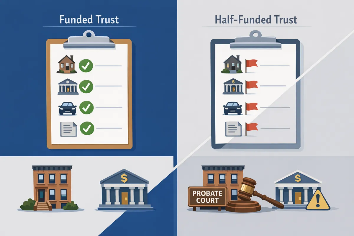 Split-screen style illustration showing a &ldquo;funded trust&rdquo; checklist with green checkmarks versus a &ldquo;half-funded trust&rdquo; with red flags, includes a Brooklyn brownstone icon and a bank account icon, concept of avoiding probate court in New York