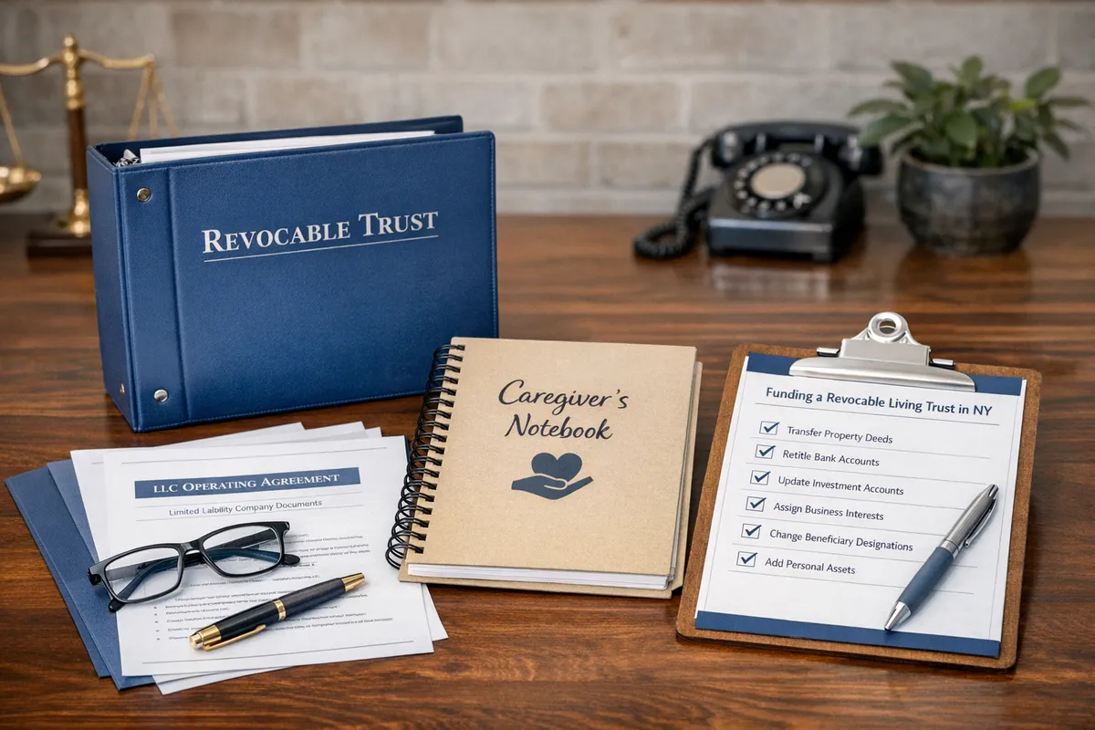 Estate planning meeting in a Brooklyn law office with a revocable trust binder, a business owner&rsquo;s LLC documents, a caregiver&rsquo;s notebook, and a checklist titled funding a revocable living trust in NY, professional realistic style