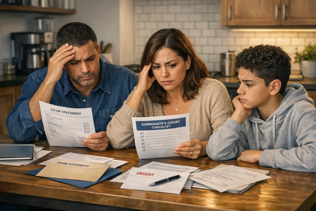 Brooklyn family sitting at a kitchen table with a co-op statement, bank letters, and a Surrogate&rsquo;s Court checklist, warm realistic lighting, stress and urgency on faces, concept of avoiding probate in New York