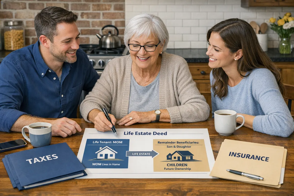 Brooklyn brownstone kitchen table meeting with an older homeowner and two adult children reviewing a life estate deed diagram, folders labeled taxes and insurance, warm community-focused tone, photorealistic style