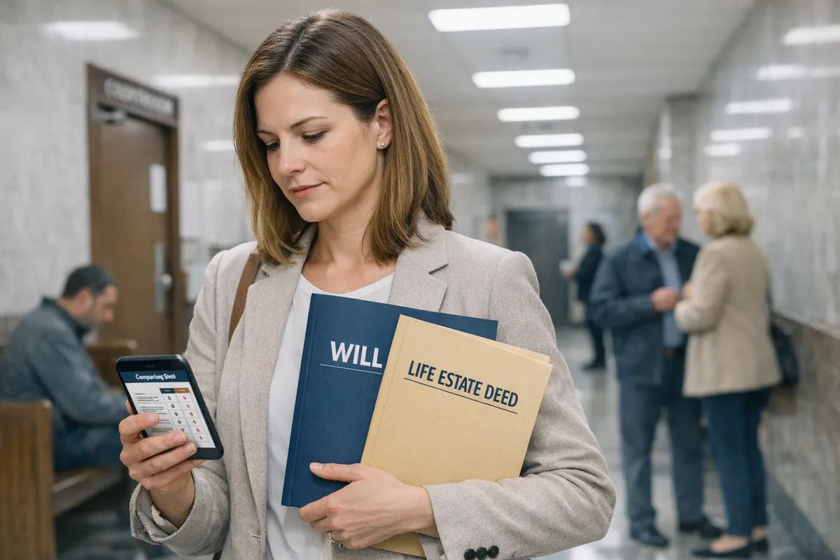 Brooklyn probate courthouse hallway scene with an adult child holding a folder labeled will and a second folder labeled life estate deed, comparison chart visible on phone screen, documentary photography style