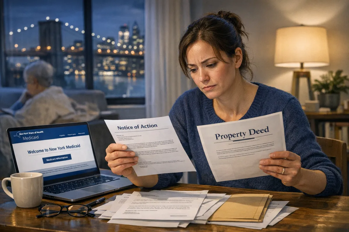 Adult child caregiver in a Brooklyn apartment at night reviewing Medicaid letters and a property deed, laptop open to NY Medicaid website, stressed but focused mood, realistic lighting