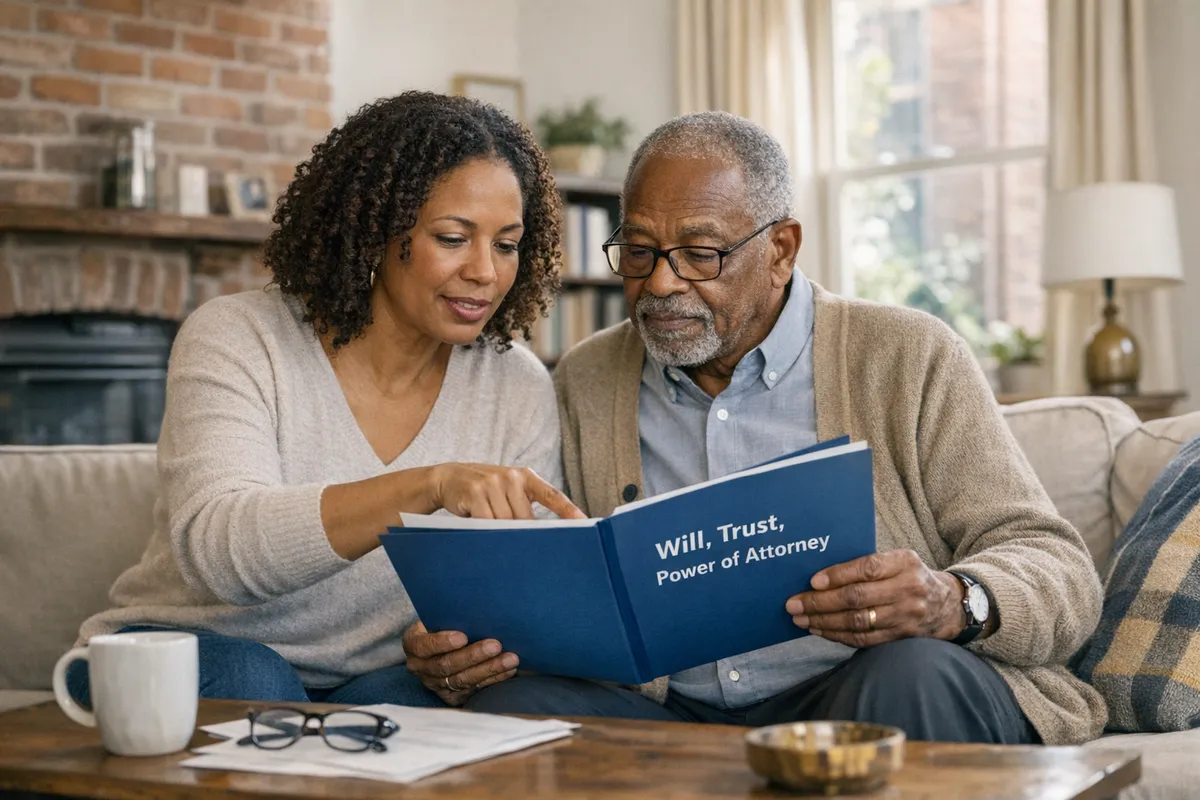 Brooklyn family in a brownstone living room reviewing a folder labeled &ldquo;Will, Trust, Power of Attorney,&rdquo; with a caregiver adult child and an older parent, warm natural light, realistic documentary style
