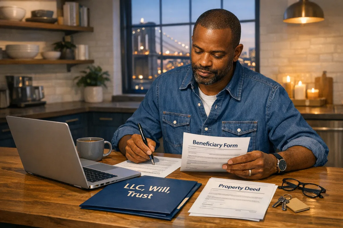 Brooklyn small business owner at a kitchen table with a laptop and a folder labeled &ldquo;LLC, Will, Trust,&rdquo; checking beneficiary forms and a property deed, evening light, realistic style