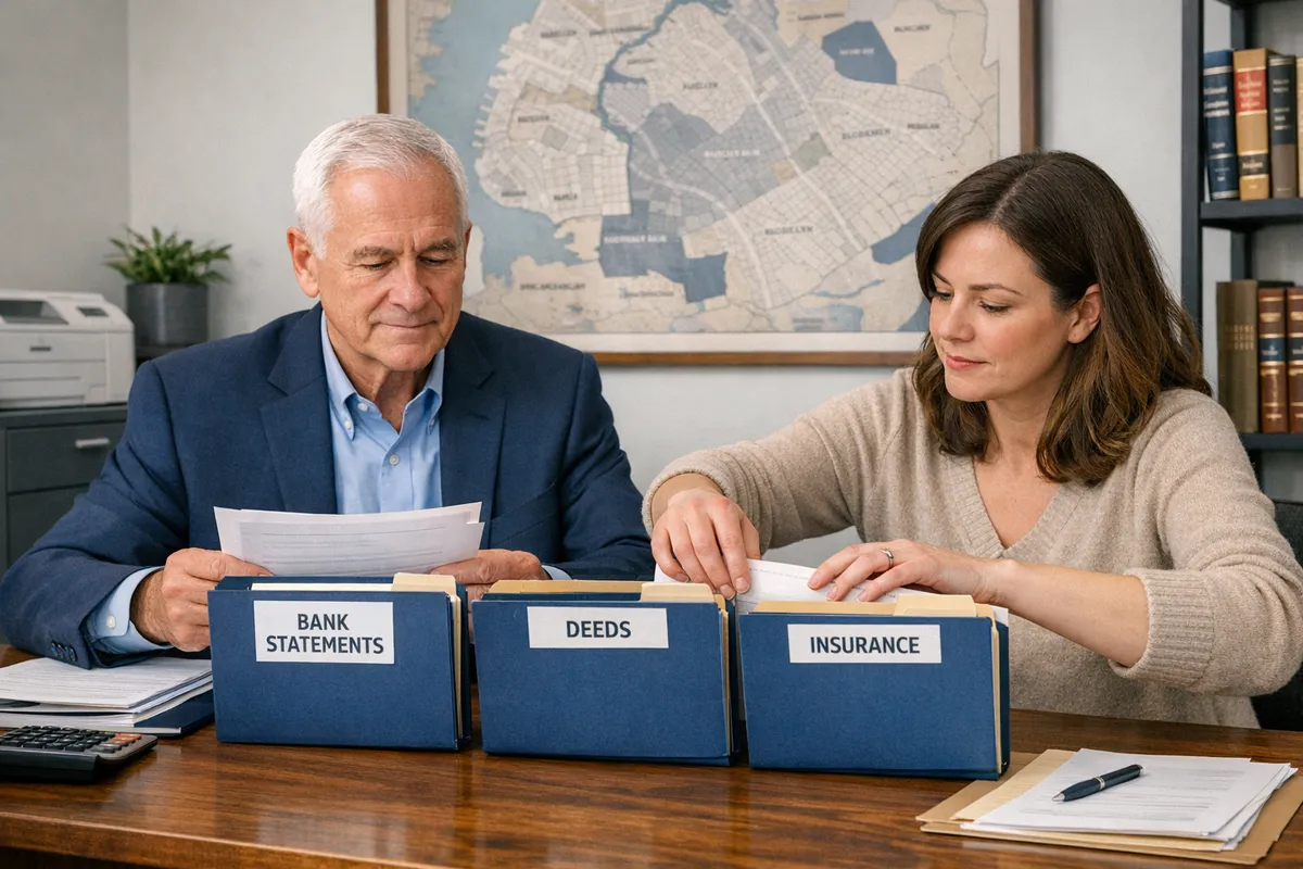 Brooklyn elder law attorney and adult child caregiver organizing Medicaid eligibility documents in folders labeled bank statements, deeds, and insurance, office setting with borough map on wall, documentary photography style