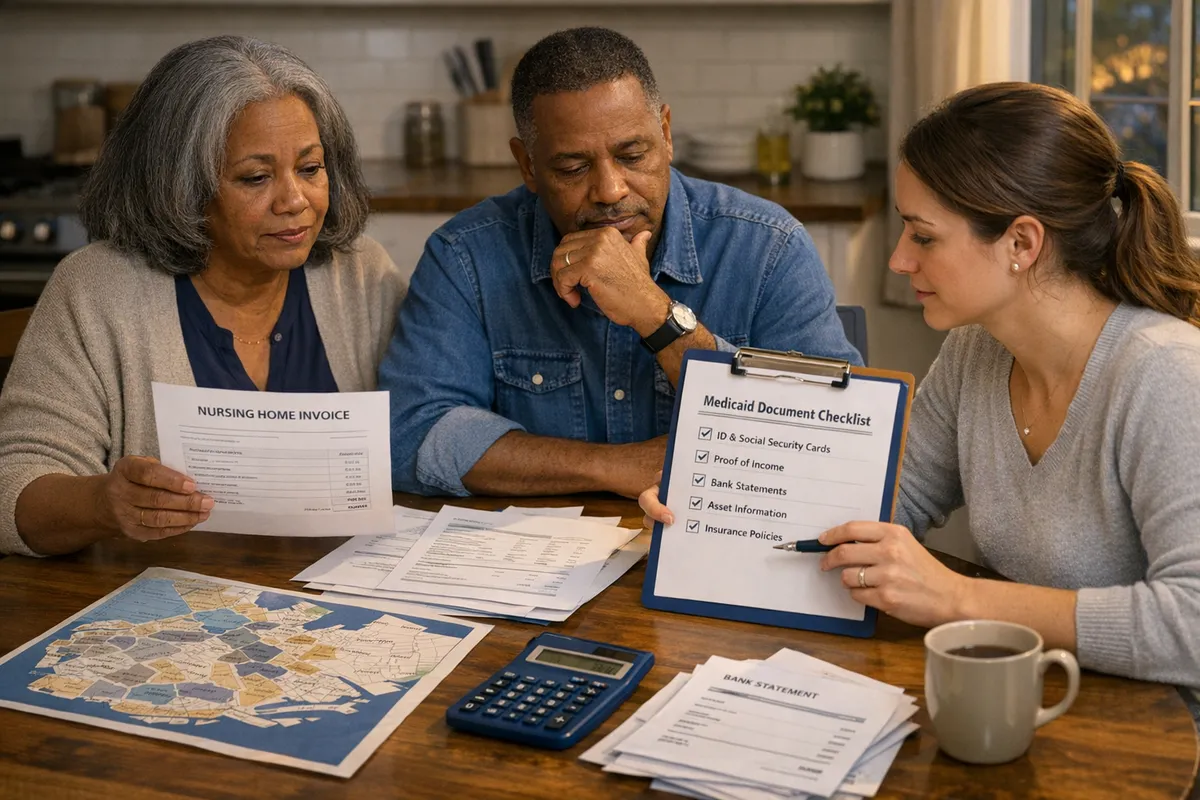 Brooklyn family at a kitchen table reviewing nursing home invoices and a checklist of Medicaid documents, evening light through a window, calculator, bank statements, and a map of Brooklyn neighborhoods on the table, realistic photo style