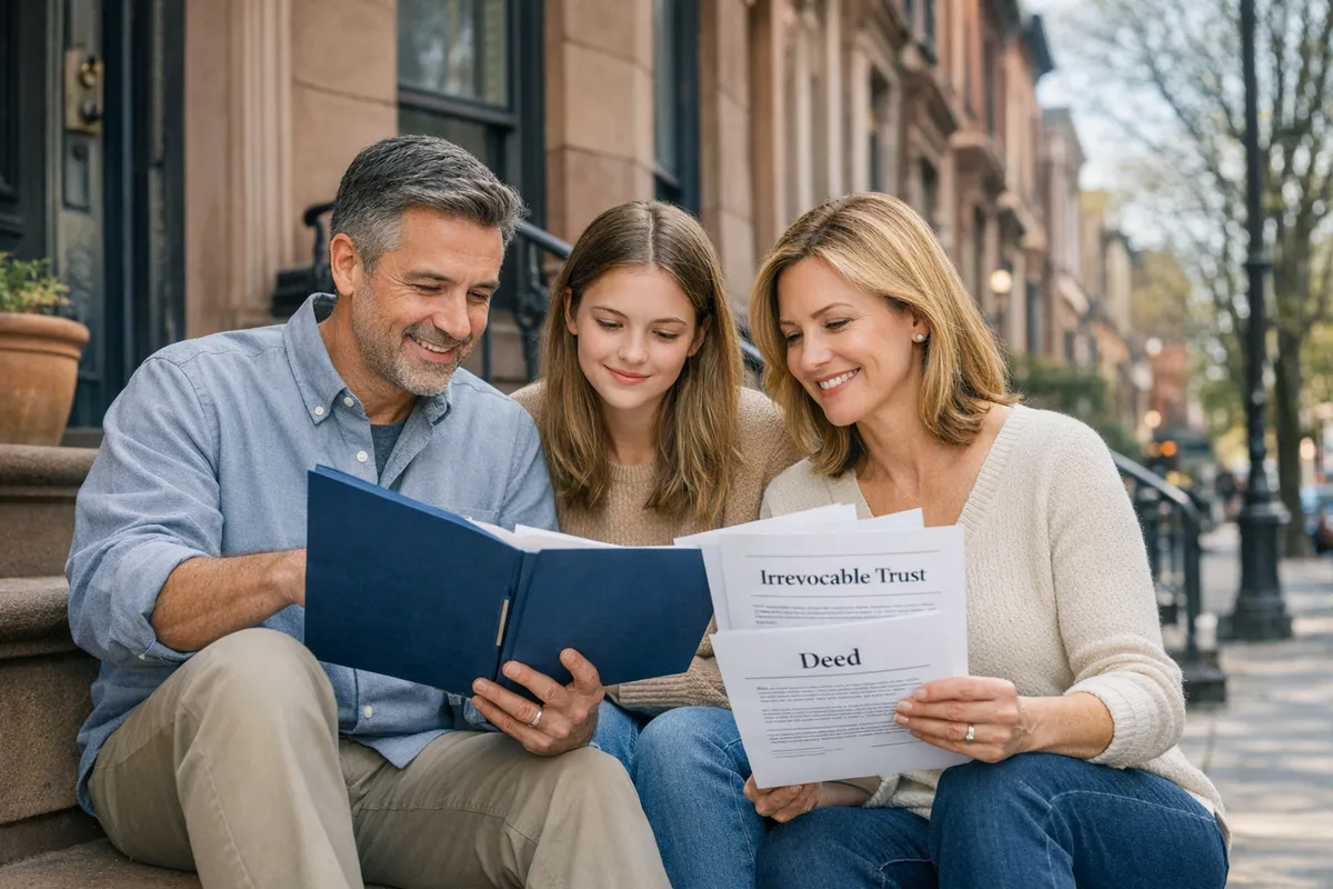 Brooklyn brownstone exterior with a family reviewing a trust folder on the stoop, paperwork visible with headings &ldquo;Irrevocable Trust&rdquo; and &ldquo;Deed,&rdquo; warm neighborhood street scene, realistic photo style