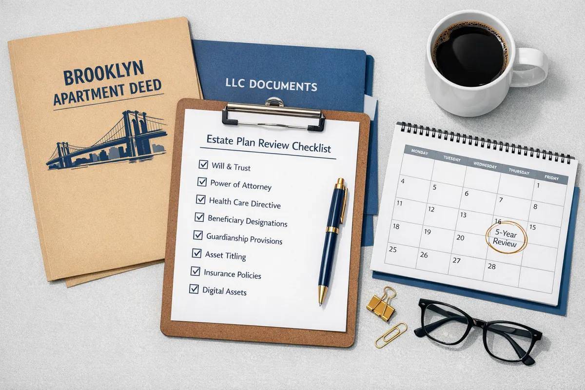 Estate plan review checklist on a clipboard next to a Brooklyn apartment deed folder and LLC documents, coffee mug, calendar open to a 5-year review date, realistic overhead flat lay
