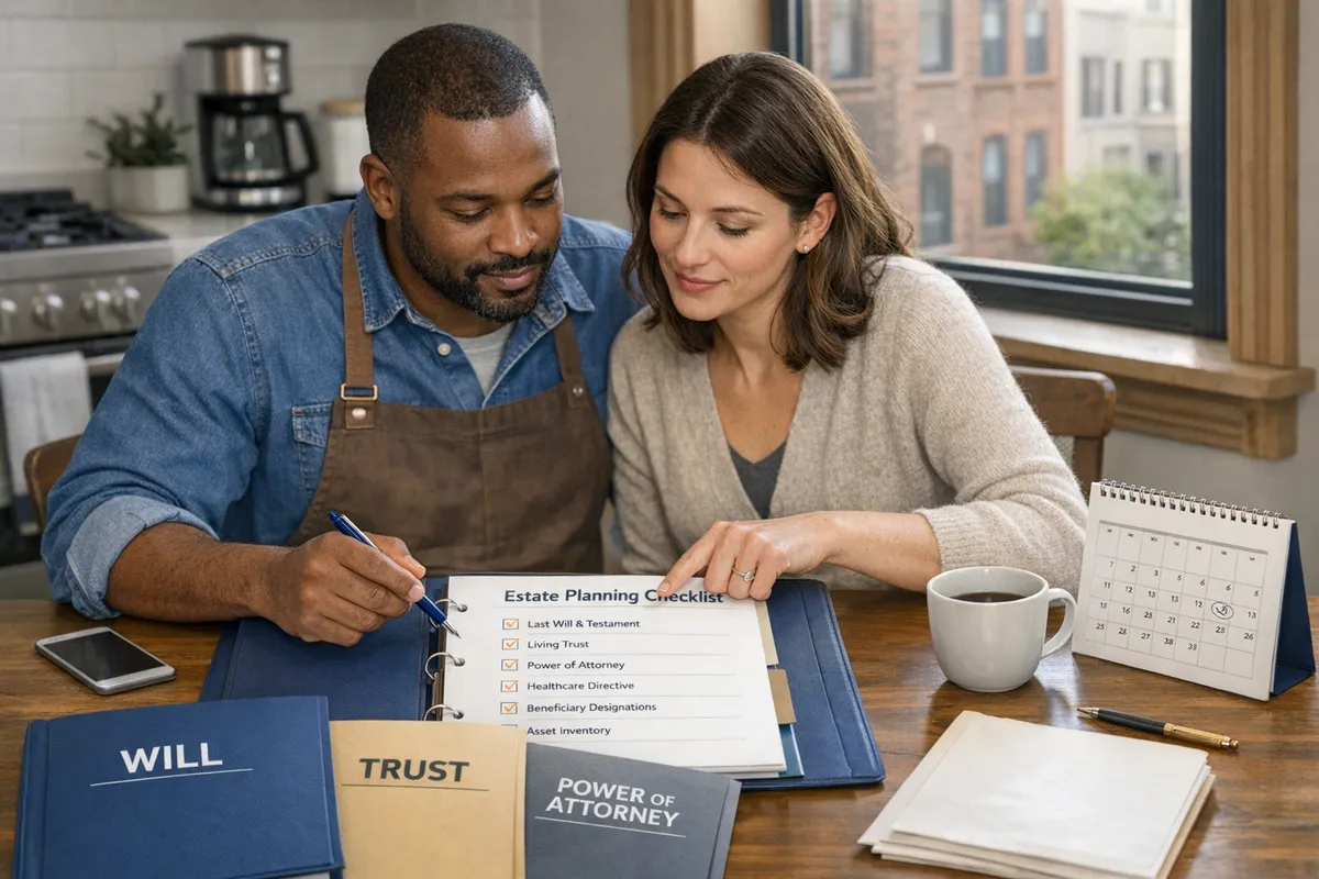 Brooklyn family and small business owner reviewing an estate planning binder at a kitchen table, visible checklist page and a calendar, brownstone window light, documents labeled will trust power of attorney, realistic photo style