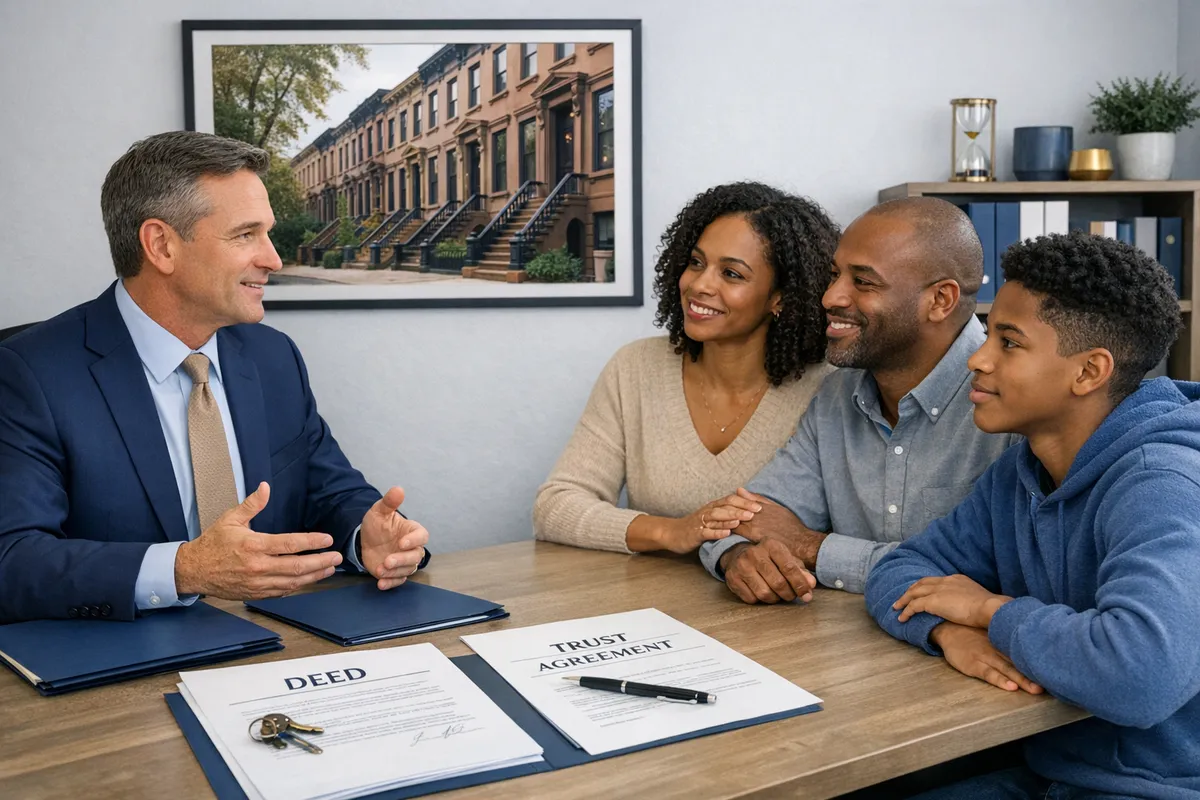 Brooklyn family meeting with an estate planning attorney at a desk, deed and trust documents visible, brownstone photo on wall, calm professional setting, concept of can irrevocable trusts impact future financial flexibility
