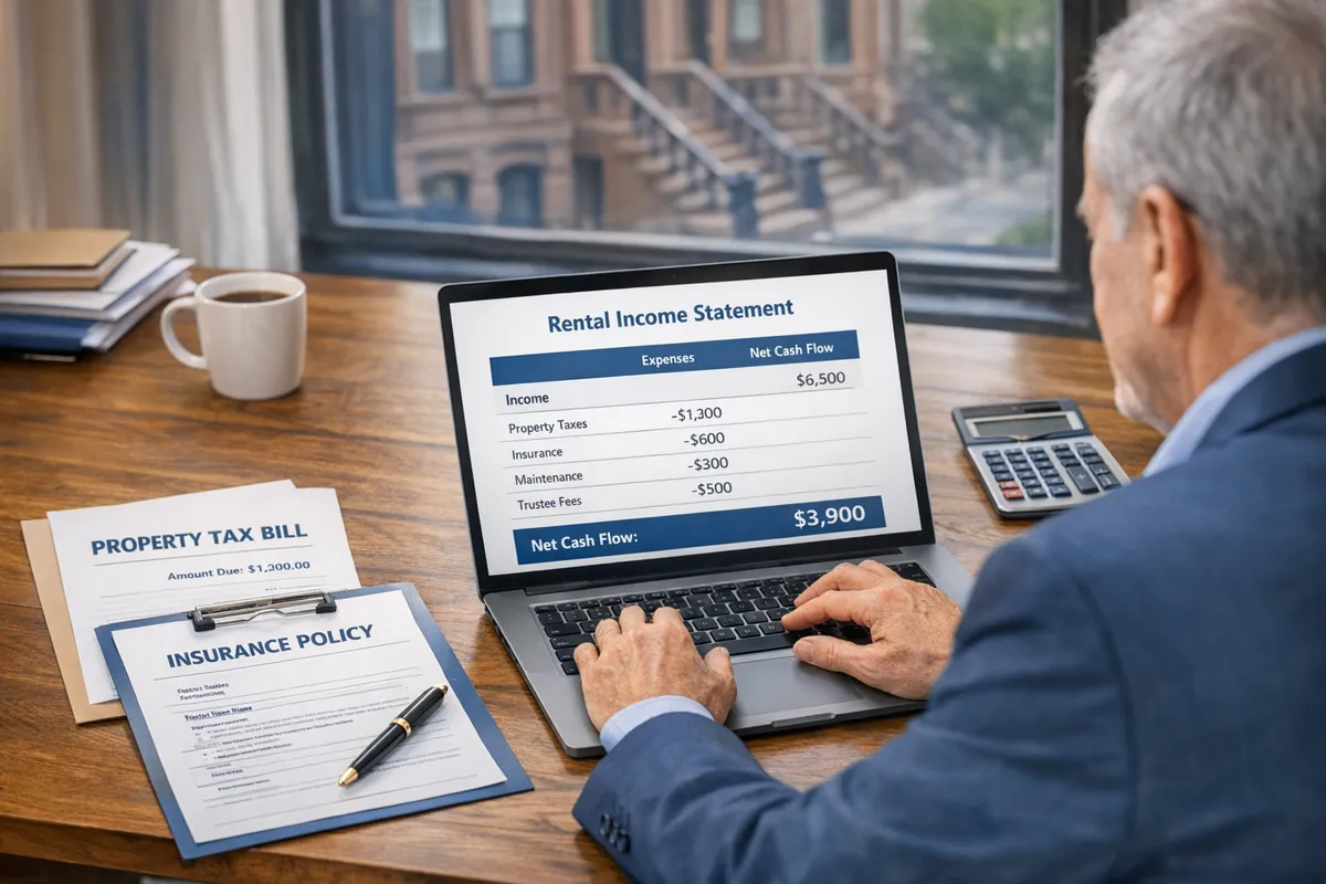 Trustee reviewing a Brooklyn brownstone rental income statement on a laptop, property tax bill and insurance papers on table, visualizing how irrevocable trusts affect access to funds and cash flow