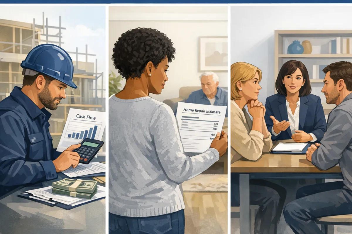 Three-panel illustration: Brooklyn contractor reviewing cash flow, caregiver holding home repair estimate, divorcing parent meeting mediator, showing how irrevocable trusts impact future financial flexibility in real life