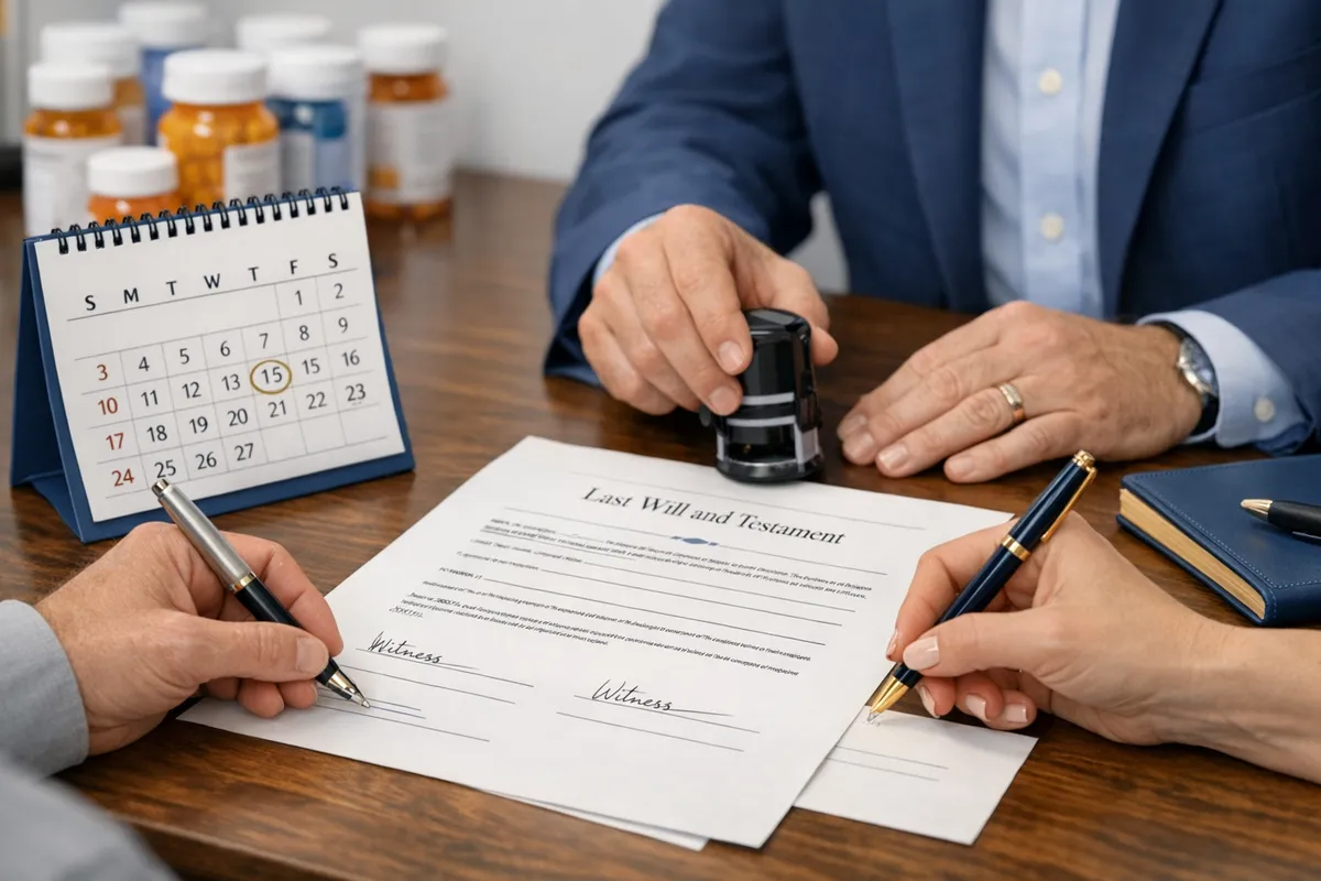 Close-up of a New York will execution scene with two witnesses signing and a notary present, calendar showing a specific signing date, medical pill bottles blurred in background to suggest capacity concerns, photorealistic style