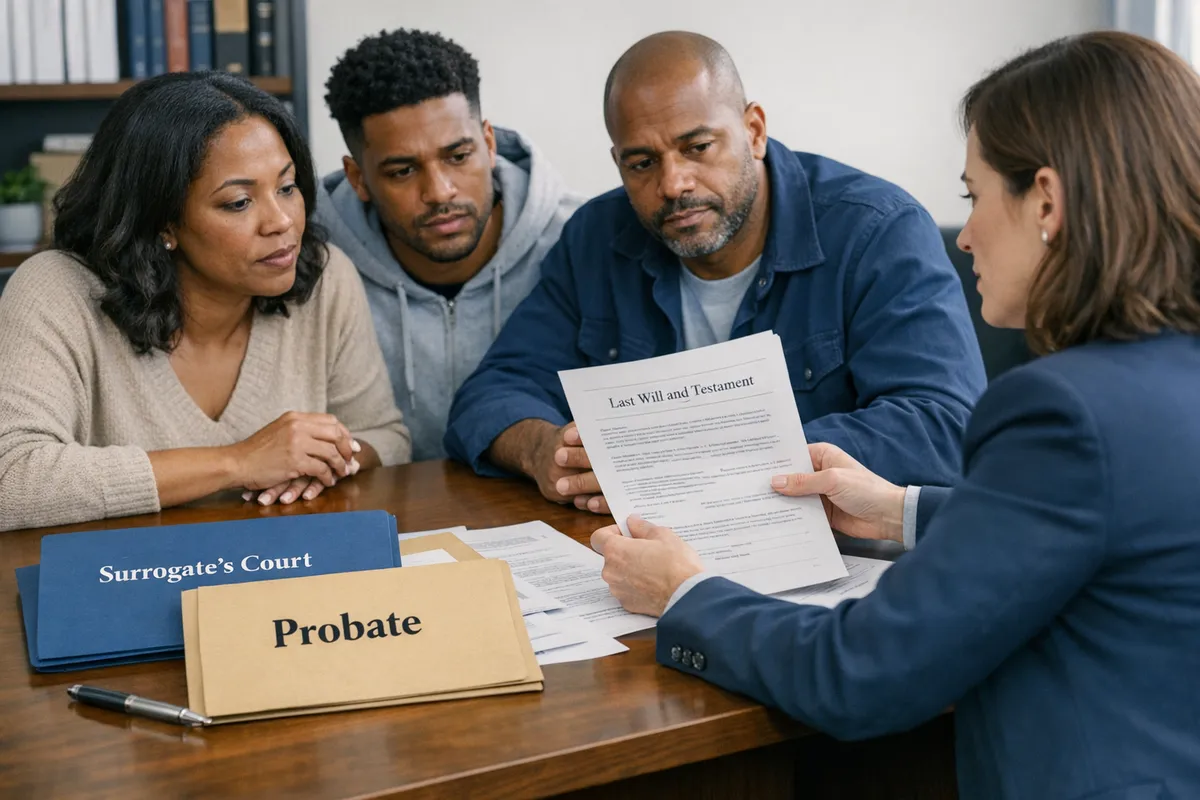 Brooklyn family meeting in a lawyer&rsquo;s office reviewing a probate petition and will copies, anxious but focused expressions, folders labeled &ldquo;Surrogate&rsquo;s Court&rdquo; and &ldquo;probate,&rdquo; realistic documentary photography style