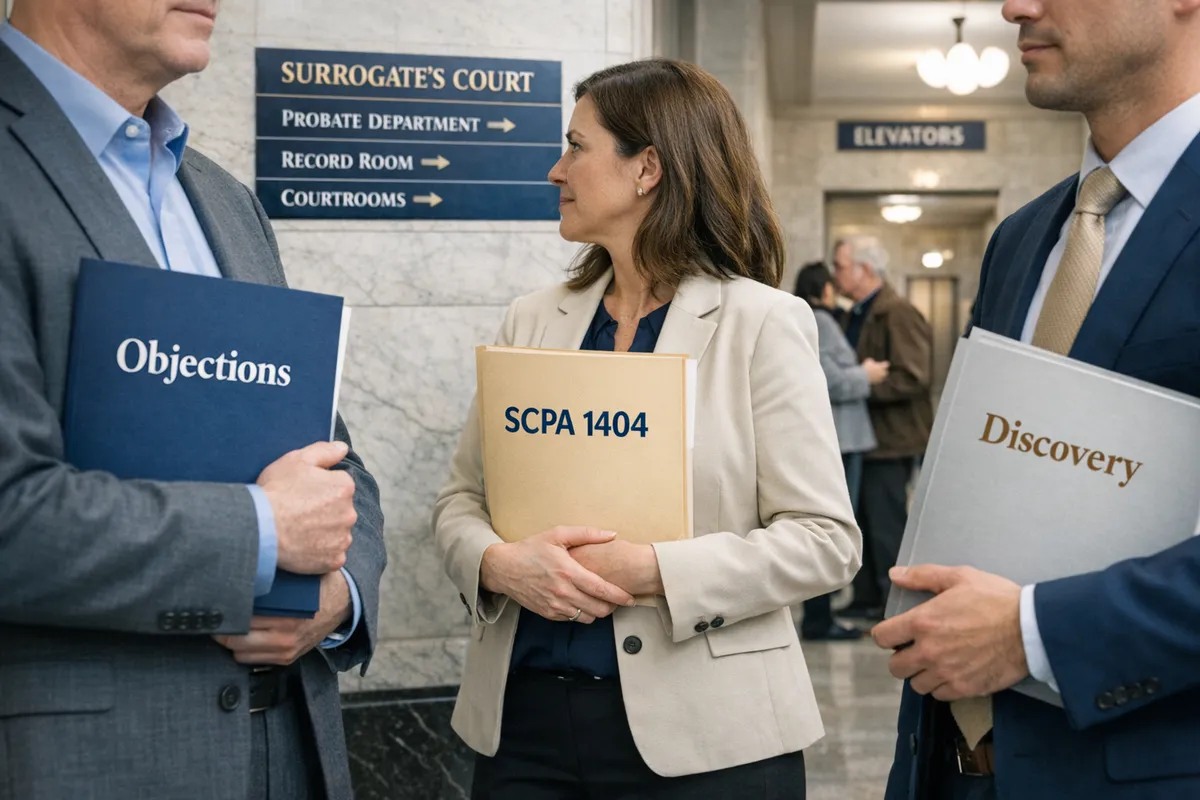 NYC Surrogate&rsquo;s Court hallway scene with people holding case folders labeled &ldquo;Objections,&rdquo; &ldquo;SCPA 1404,&rdquo; and &ldquo;Discovery,&rdquo; courthouse signage in background, candid documentary photography style