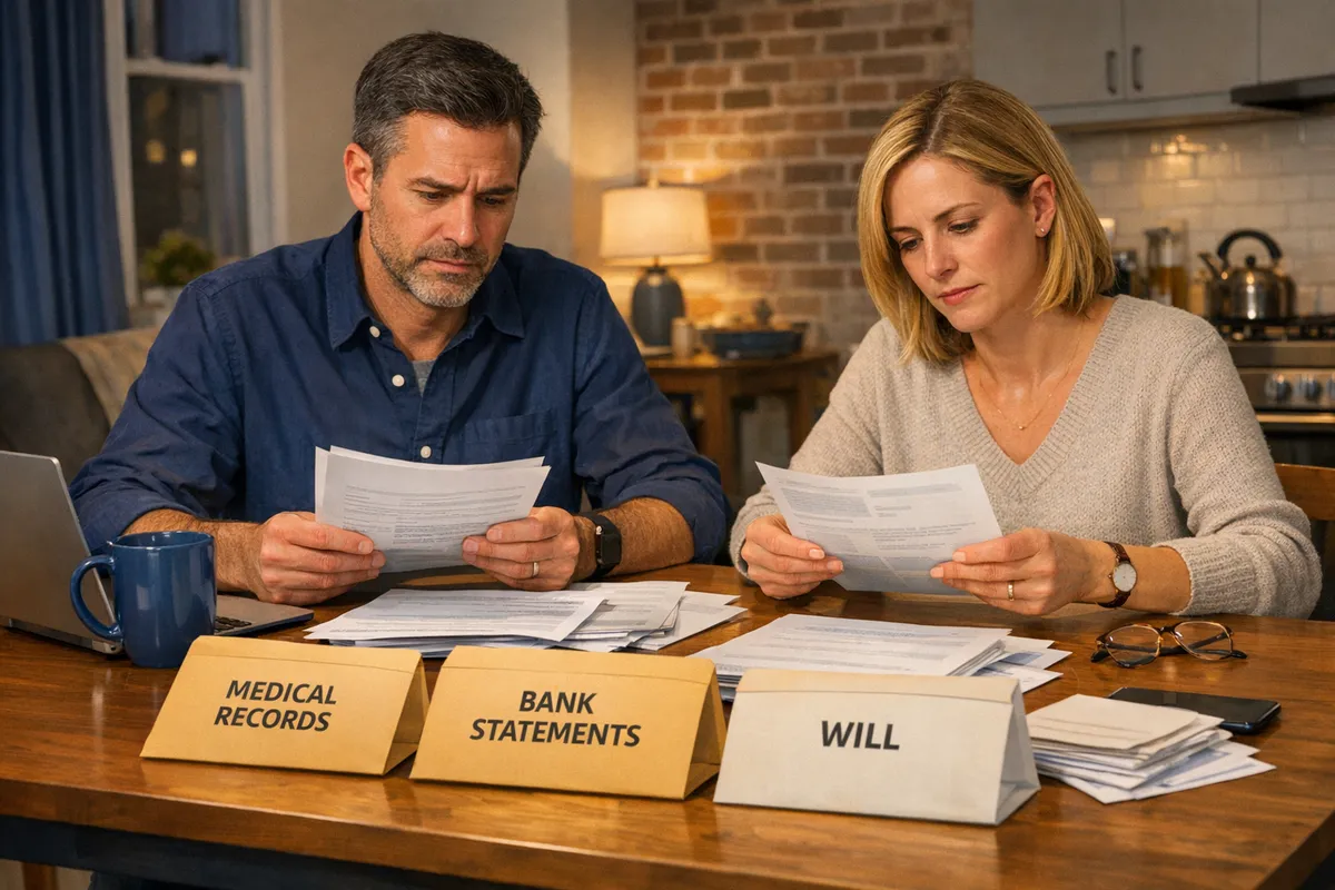 Kitchen table scene in a Brooklyn apartment with siblings sorting a parent&rsquo;s paperwork, labeled envelopes for &ldquo;medical records,&rdquo; &ldquo;bank statements,&rdquo; and &ldquo;will,&rdquo; tense but collaborative mood, warm indoor lighting, realistic style