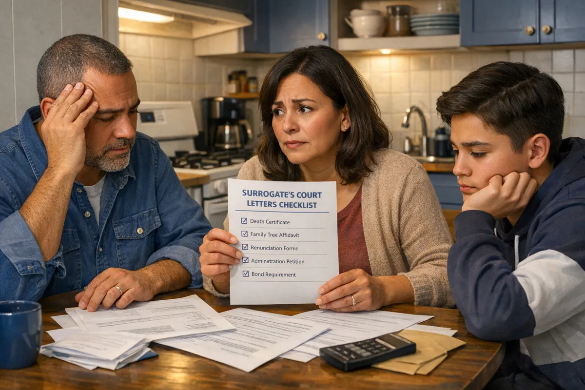 Brooklyn family in a small apartment kitchen reviewing paperwork, one person holding Surrogate’s Court letters checklist, visible stress, warm realistic lighting, family-focused scene illustrating risks of dying intestate in New York