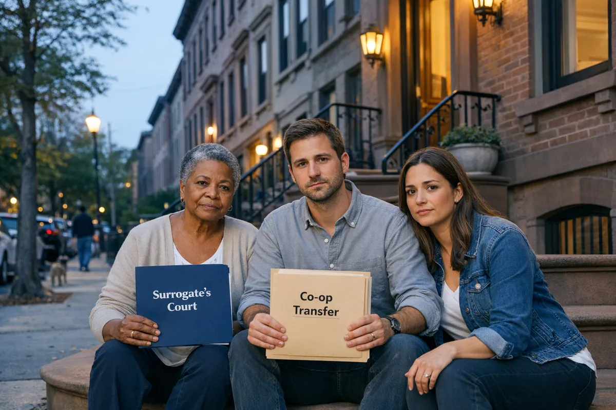 Brooklyn row house exterior with family members on stoop holding folders labeled “Surrogate’s Court” and “Co-op transfer,” early evening street scene, realistic documentary style, consequences of no will in Brooklyn