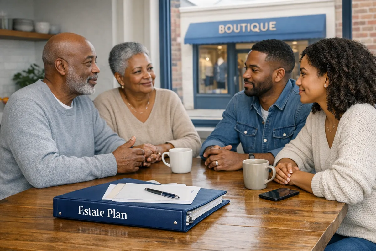 Brooklyn family meeting around a kitchen table with a binder labeled &ldquo;Estate Plan,&rdquo; a small business storefront visible through the window, calm supportive mood, realistic documentary style
