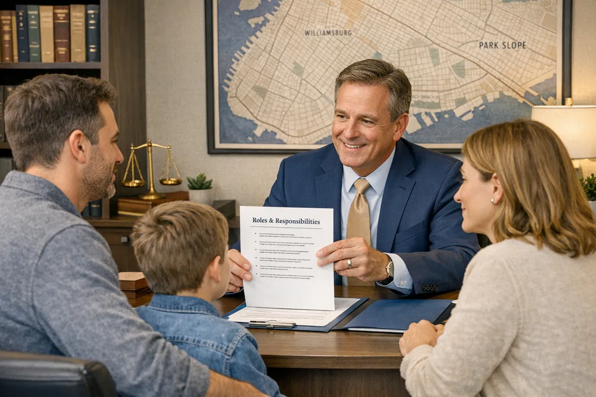 Estate planning attorney in a Brooklyn office reviewing a simple one-page &ldquo;Roles and Responsibilities&rdquo; sheet with a middle-income family, warm lighting, neighborhood map of Brooklyn on wall, trustworthy professional tone