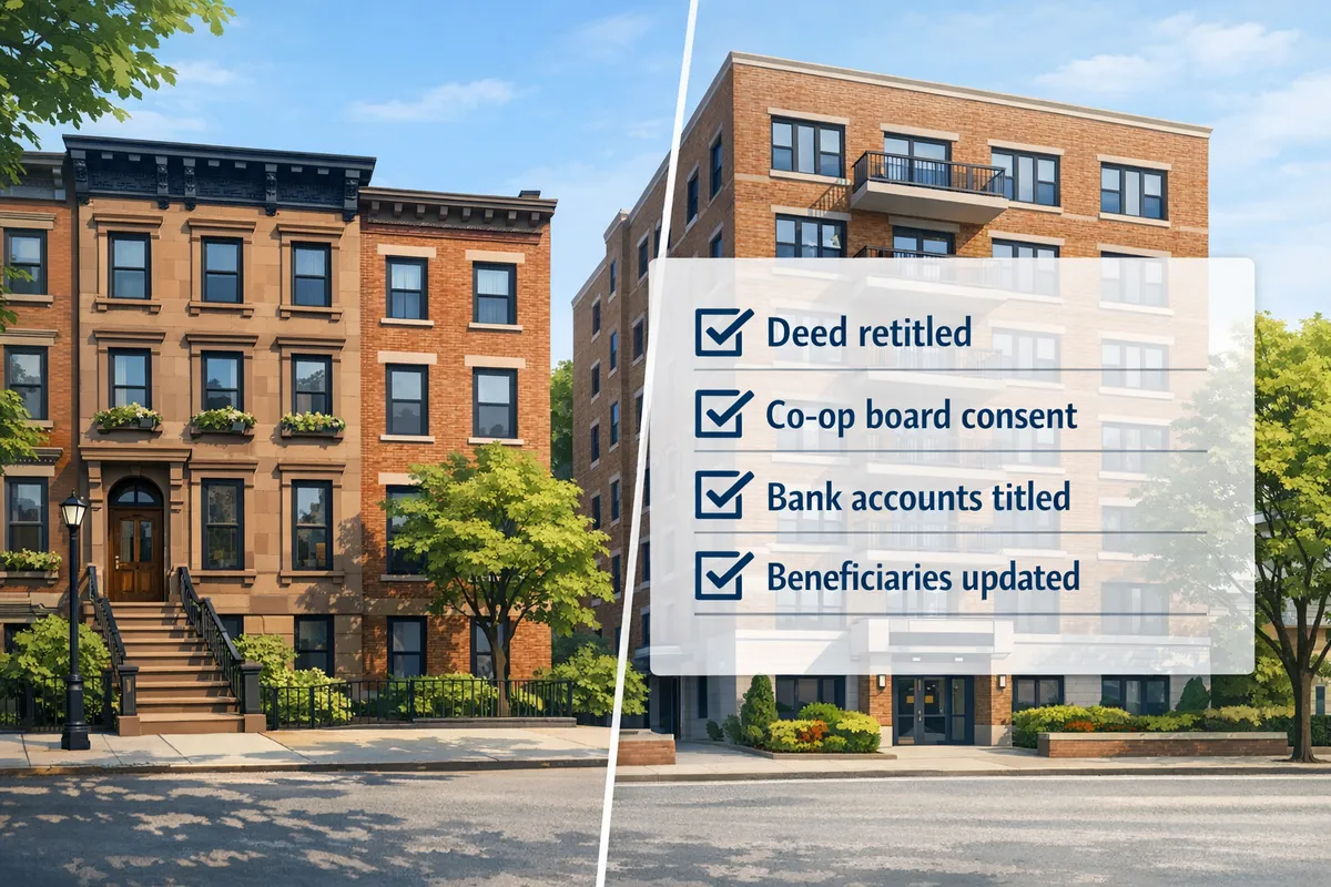 Brooklyn brownstone and a co-op building side-by-side with a checklist overlay: &ldquo;Deed retitled,&rdquo; &ldquo;Co-op board consent,&rdquo; &ldquo;Bank accounts titled,&rdquo; &ldquo;Beneficiaries updated,&rdquo; clear educational infographic style