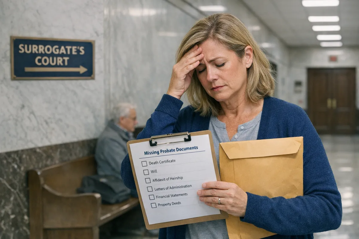Brooklyn Surrogate’s Court hallway scene with a stressed caregiver holding a checklist of missing probate documents and a manila envelope, documentary photography style, neutral lighting