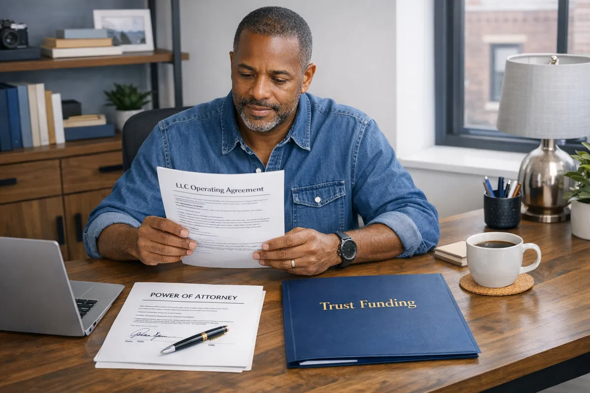 Small business owner in Brooklyn reviewing an LLC operating agreement next to a signed power of attorney and a folder labeled
