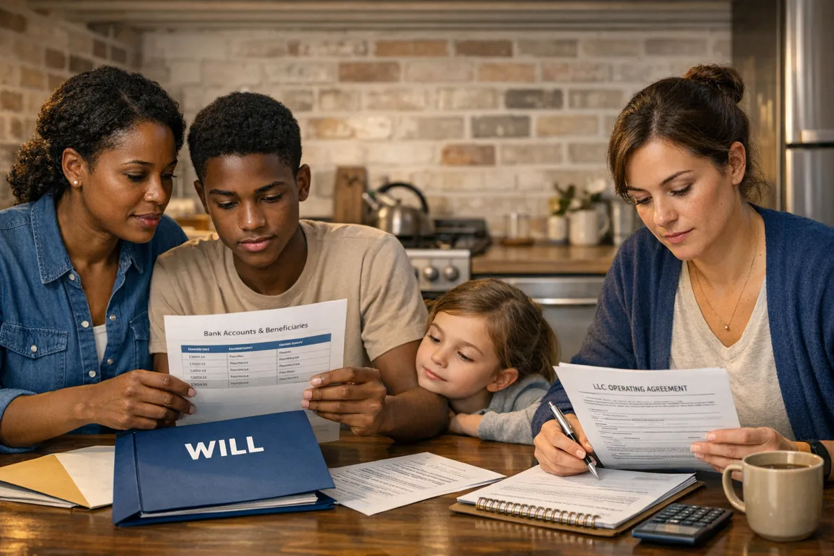 Brooklyn family at a kitchen table with a folder labeled