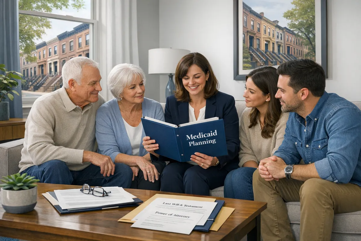 Brooklyn row house with a family meeting in the living room reviewing an estate plan binder labeled &ldquo;Medicaid Planning,&rdquo; attorney-style documents on coffee table, realistic neighborhood setting, illustrating asset protection through Medicaid planning