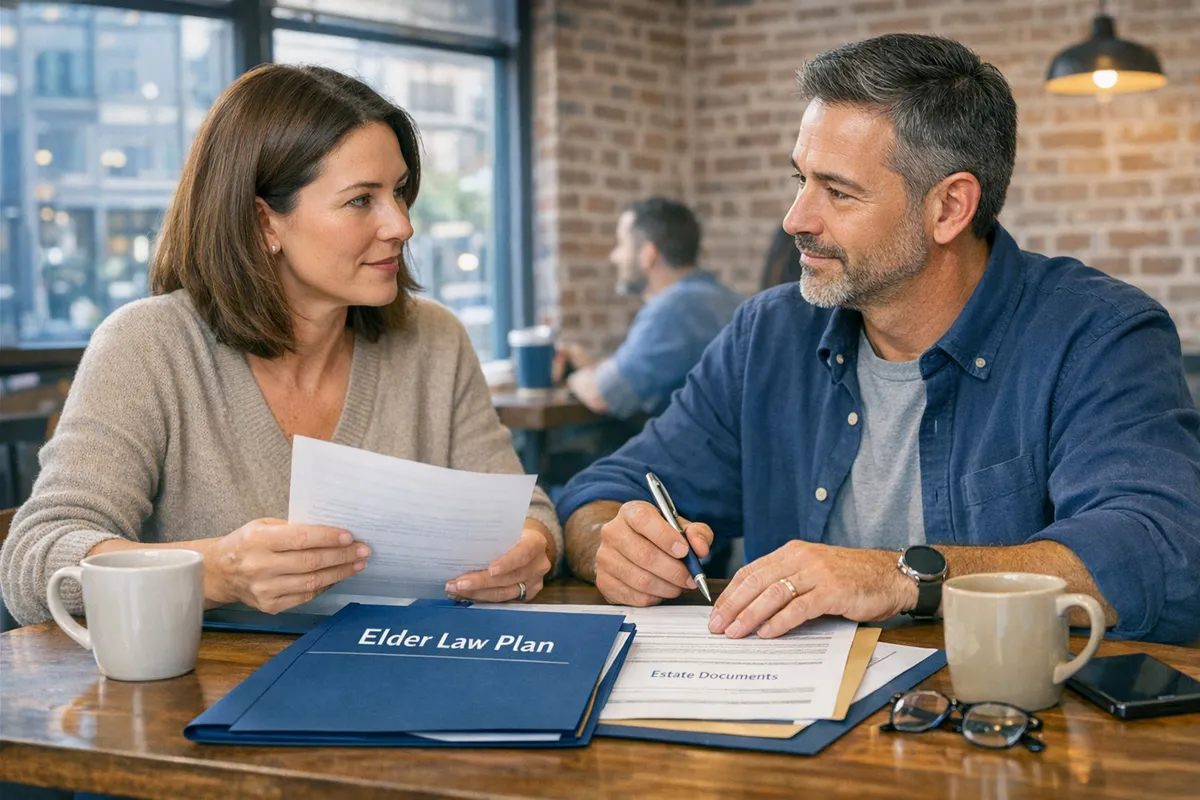 Adult siblings in a Brooklyn coffee shop with a folder labeled &ldquo;Elder Law Plan,&rdquo; calmly discussing care responsibilities and estate documents, candid realistic style, illustrating planning ahead for long-term healthcare options with Medicaid
