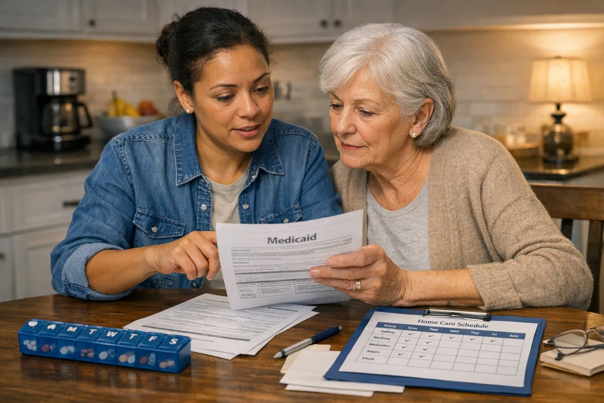 Brooklyn adult child caregiver reviewing Medicaid paperwork at a kitchen table with a parent, pill organizer and home care schedule visible, warm indoor lighting, realistic documentary style, showing how Medicaid qualification shapes long-term healthcare options