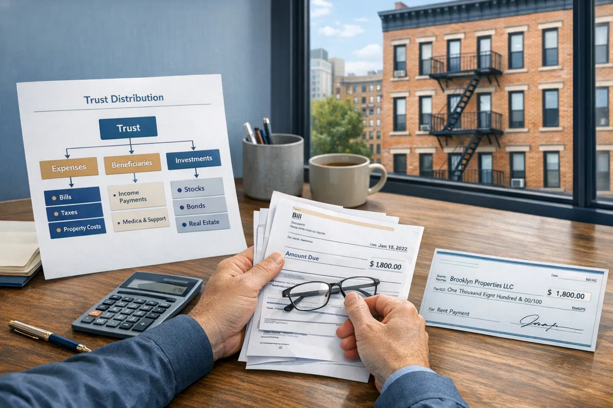 Trust distribution flow diagram on paper, trustee reviewing bills, check made out to landlord, Brooklyn apartment building in background through window, realistic office scene