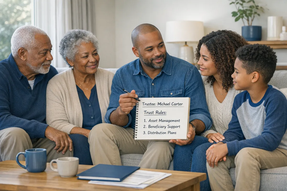 Multigenerational Brooklyn family on a living room couch having a calm planning conversation, notebook with trustee name and trust rules, empathetic mood, natural light