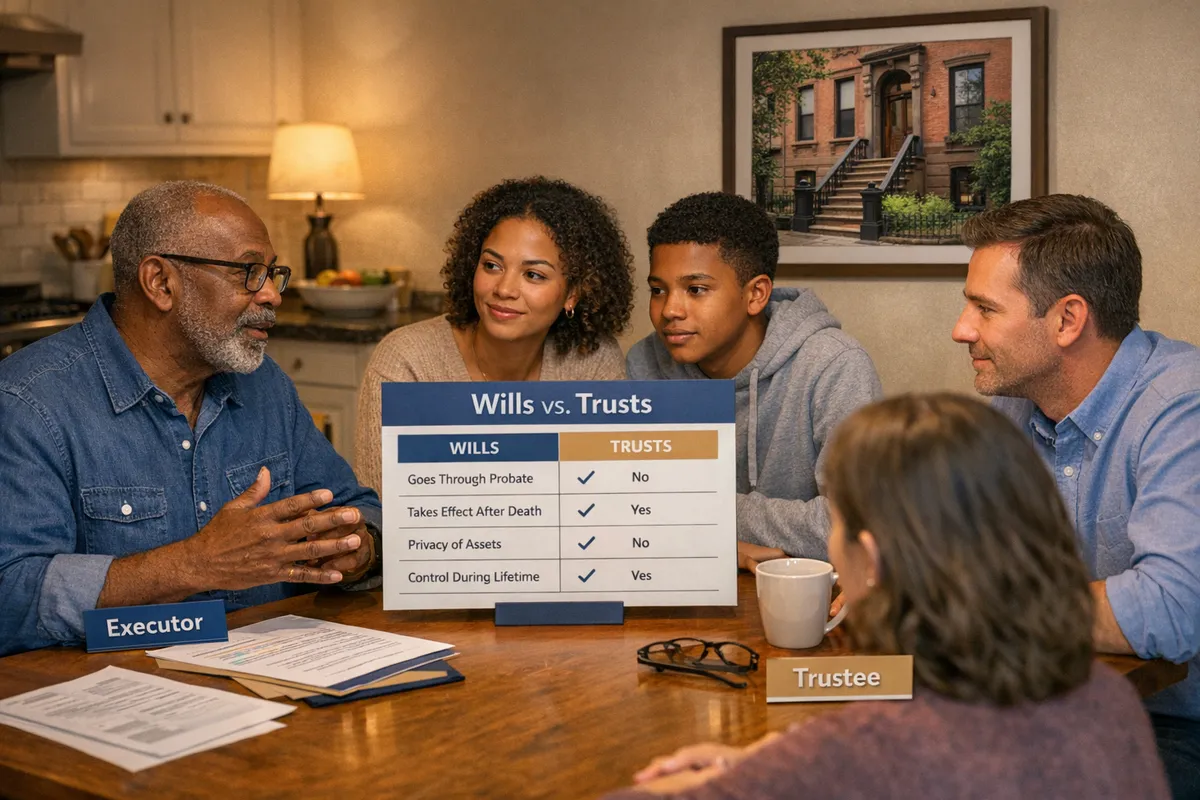 Brooklyn family meeting at a kitchen table with a simple wills vs trusts chart, brownstone photo on the wall, executor and trustee roles labeled, warm evening lighting, documentary style