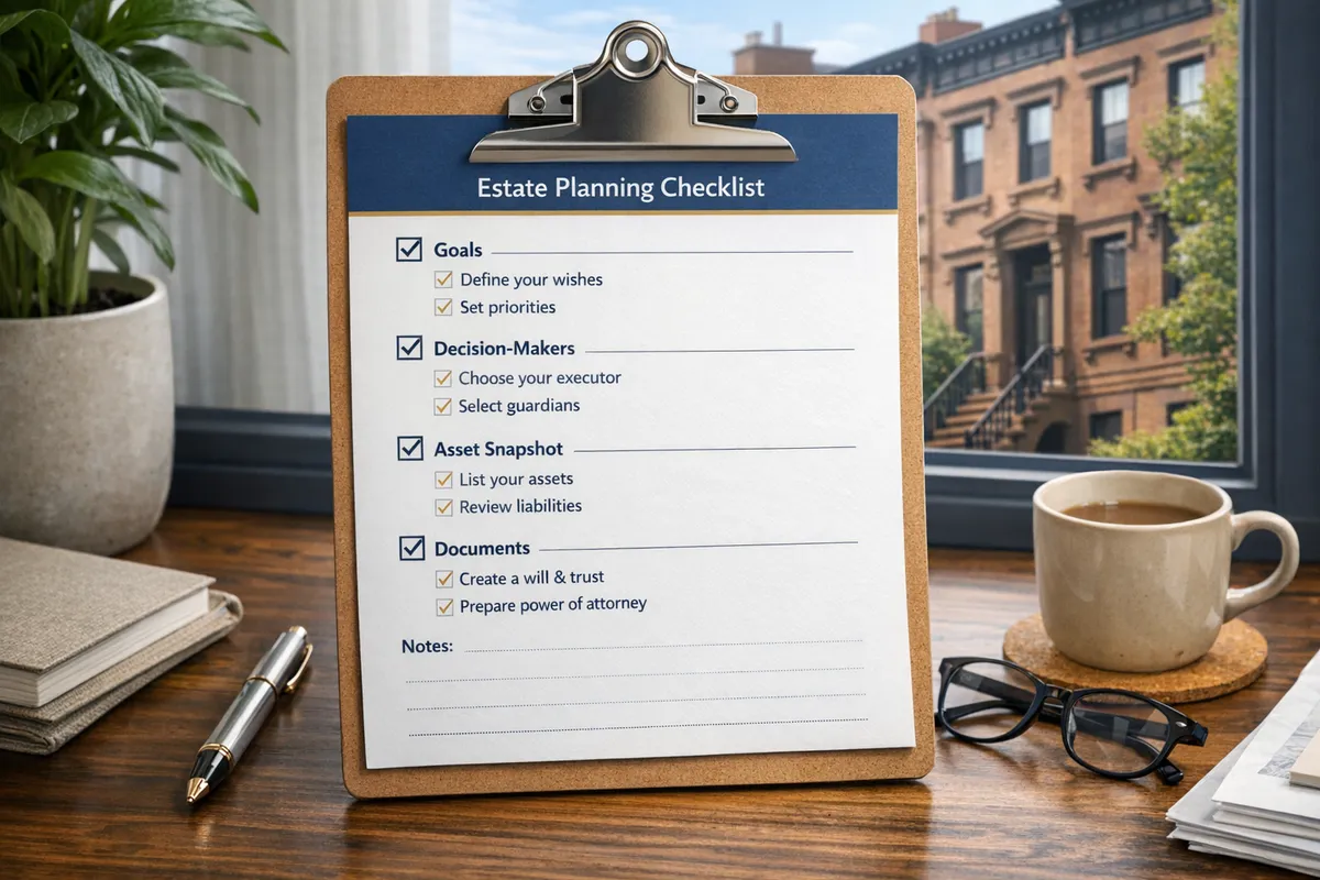 Beginner-friendly estate planning checklist worksheet on a clipboard, boxes checked for goals, decision-makers, asset snapshot, and documents, Brooklyn brownstone background visible through window, realistic style
