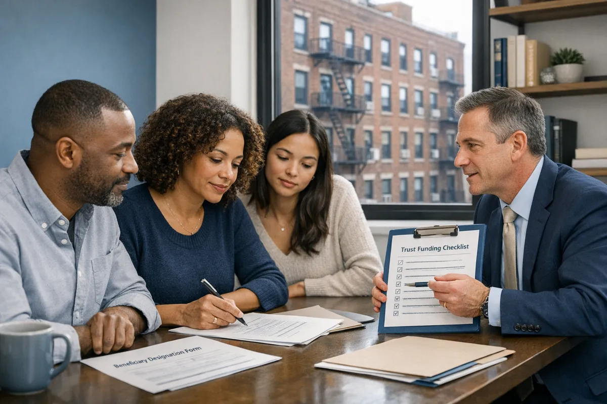 Brooklyn family reviewing beneficiary forms and a trust funding checklist with a lawyer, co-op building visible outside, calm professional setting, documentary photography style