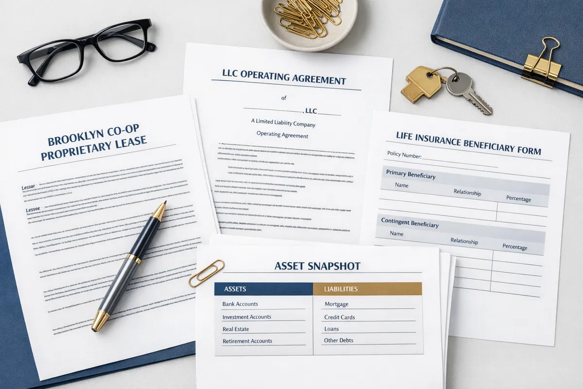 Flat lay of essential documents for estate planning, including a Brooklyn co-op proprietary lease, LLC operating agreement, life insurance beneficiary form, and a simple asset snapshot sheet, clean high-detail product photo style