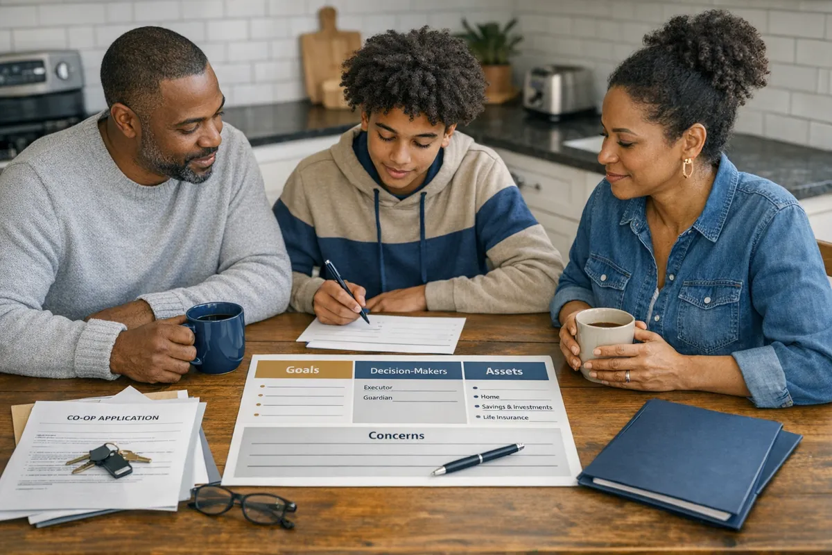 Brooklyn family at a kitchen table with a simple estate planning worksheet, headings for goals, decision-makers, assets, and concerns, coffee mugs, co-op paperwork visible, warm documentary photo style