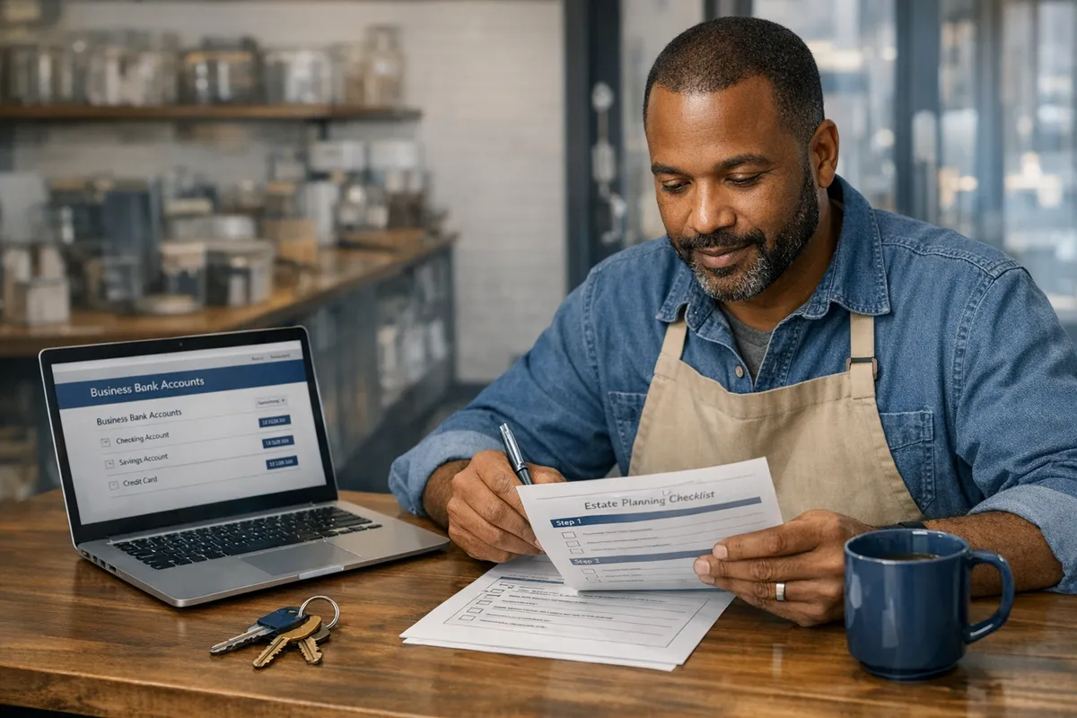 Brooklyn small business owner reviewing a step-by-step estate planning worksheet, laptop open to business bank account list, storefront keys on the table, realistic photojournalistic lighting